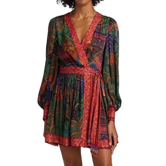 FARM Rio Dresses & Skirts - Farm Rio size small forest multicolor long sleeve mini wrap dress